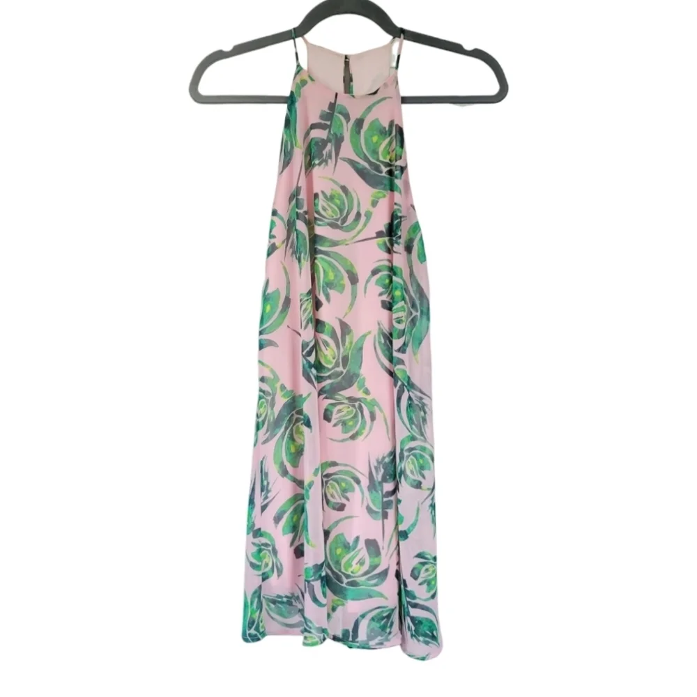 Everly‎ Halter Swing Mini Dress XS Pink Green Tropical Vacation Resort Coastal